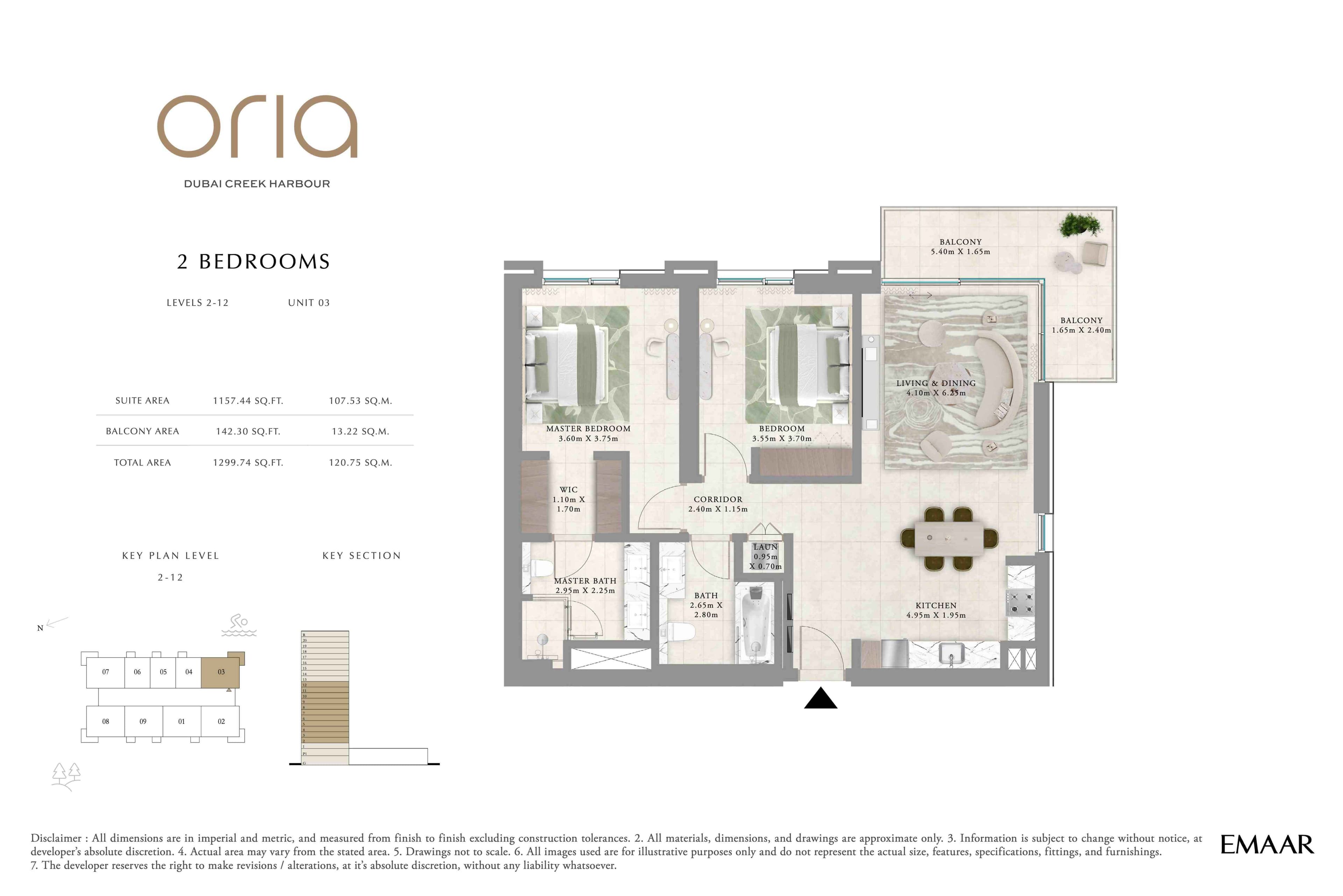 Oria, 2-Bed Floor Plan, type: 2BR - Lvl 2-12 - Unit 3