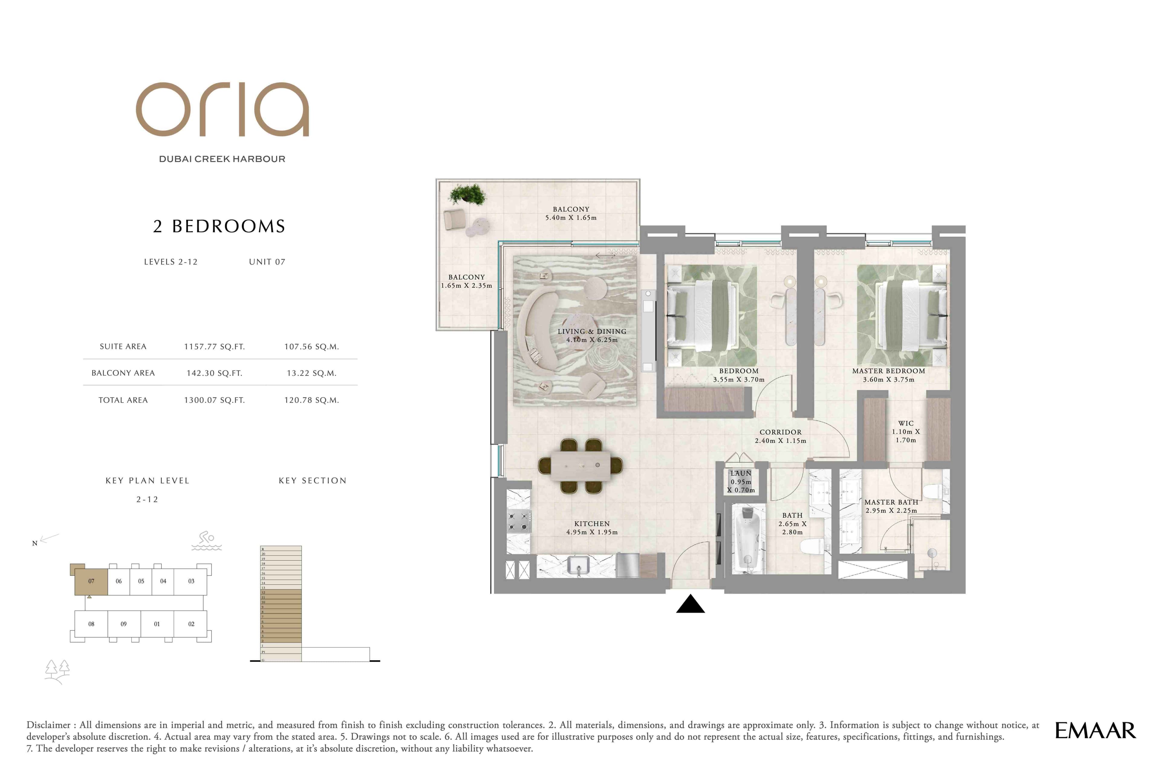 Oria, 2-Bed Floor Plan, type: 2BR - Lvl 2-12 - Unit 7