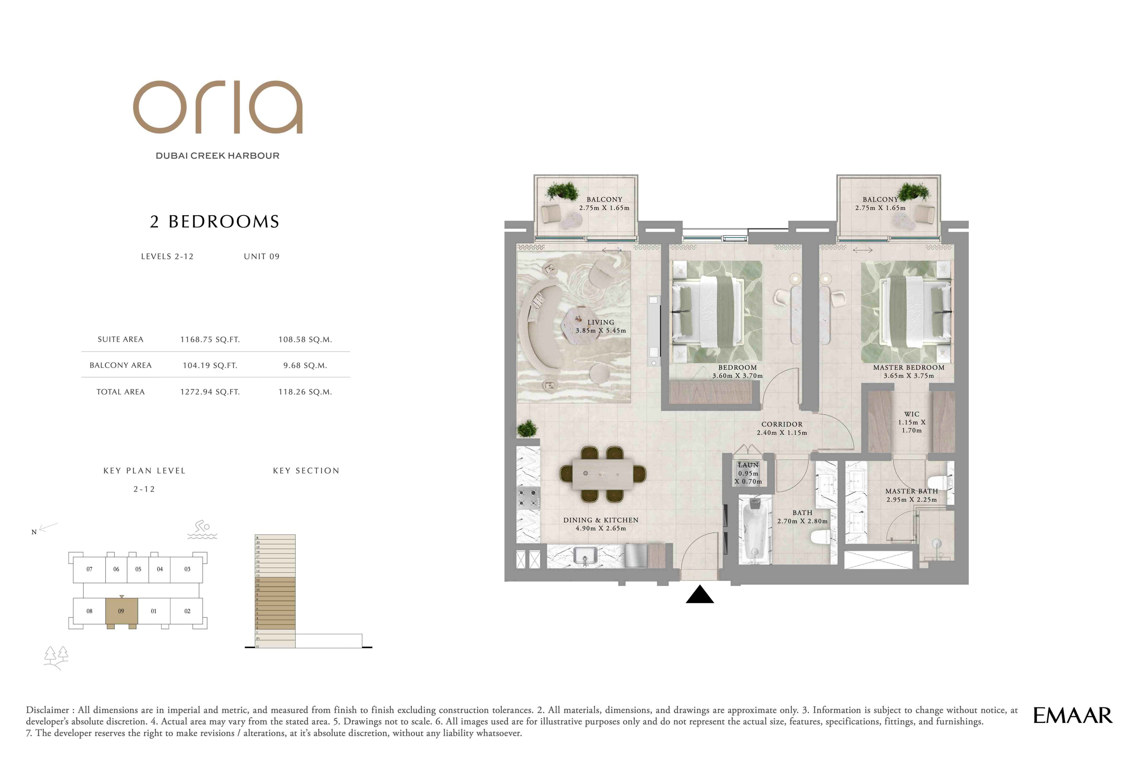 Oria, 2-Bed Floor Plan, type: 2BR - Lvl 2-12 - Unit 9