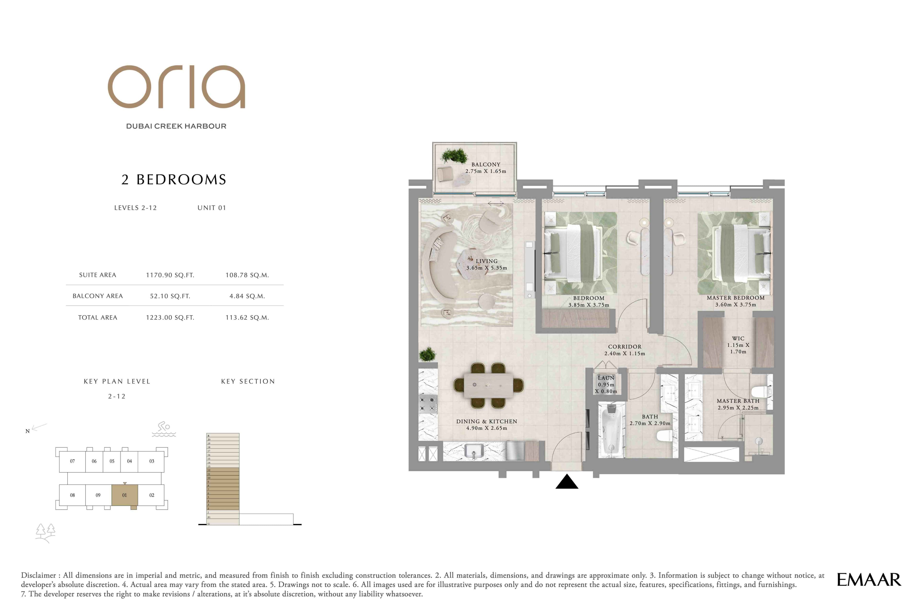 Oria, 2-Bed Floor Plan, type: 2BR - Lvl 2-12 - Unit 1