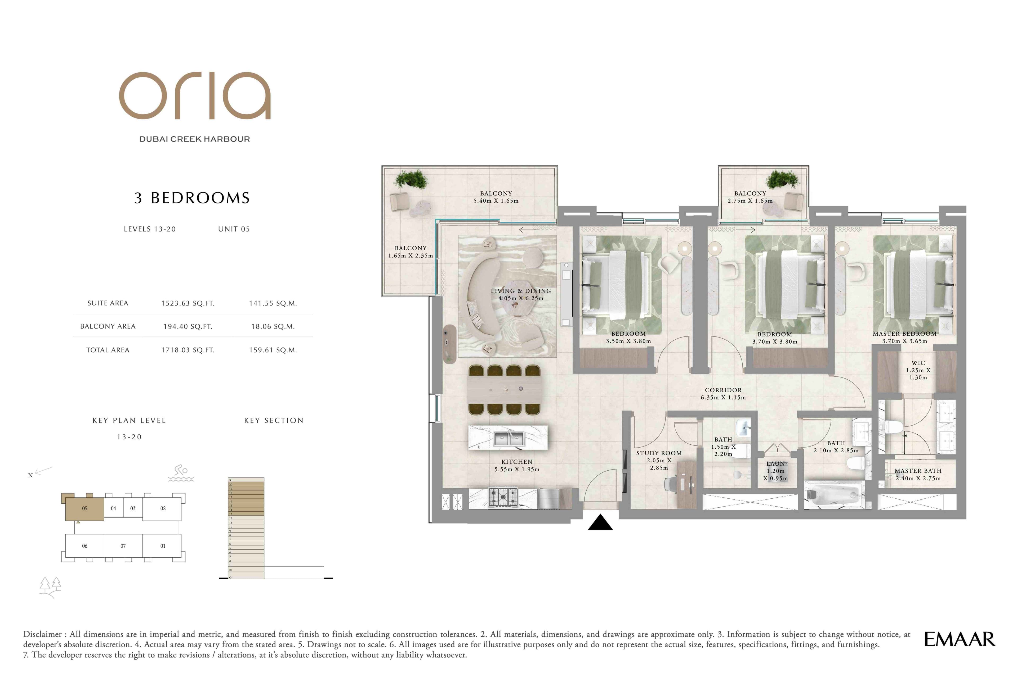 Oria, 3-Bed Floor Plan, type: 3BR - Lvl 13-20 - Unit 5