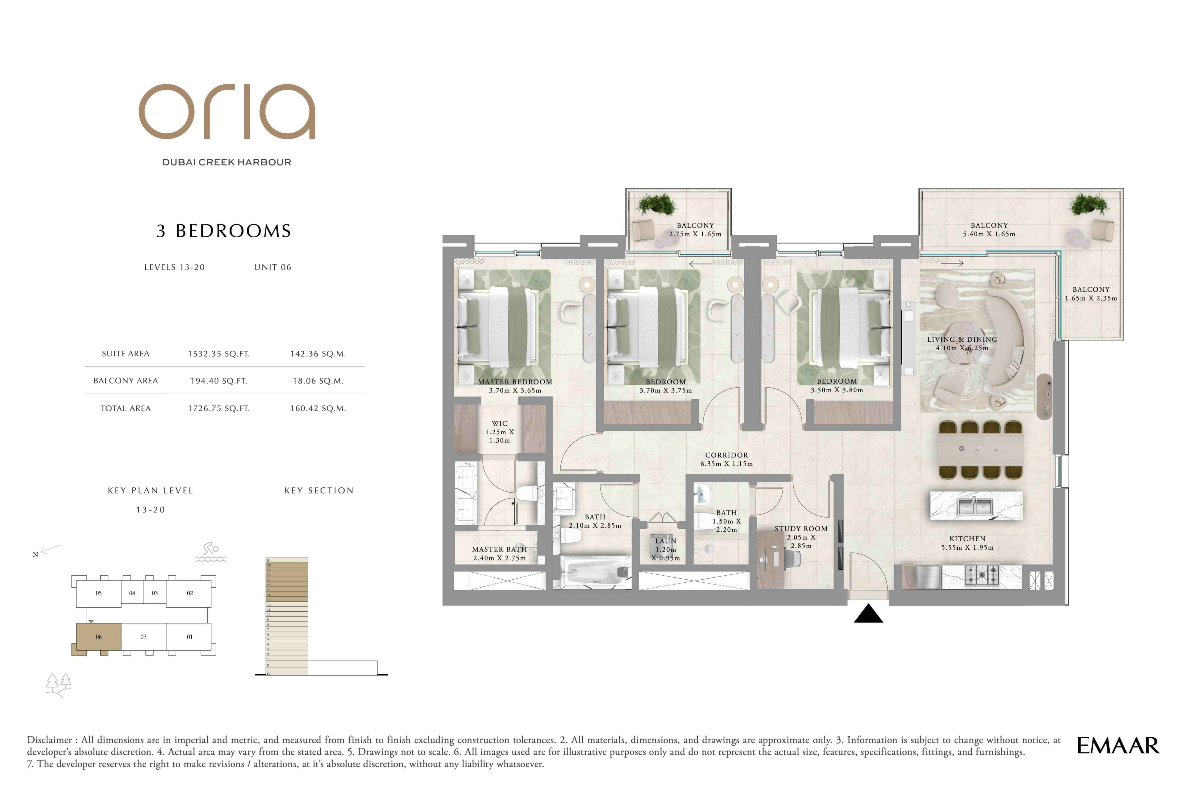 Oria, 3-Bed Floor Plan, type: 3BR - Lvl 13-20 - Unit 6