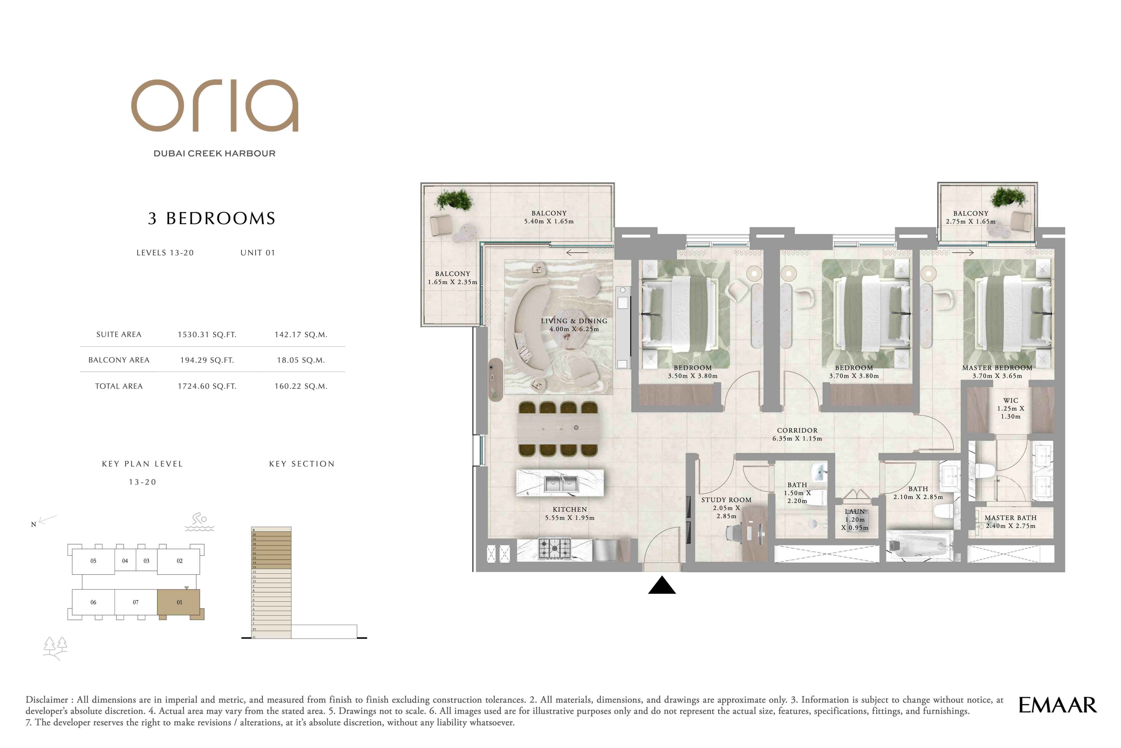 Oria, 3-Bed Floor Plan, type: 3BR - Lvl 13-20 - Unit 1
