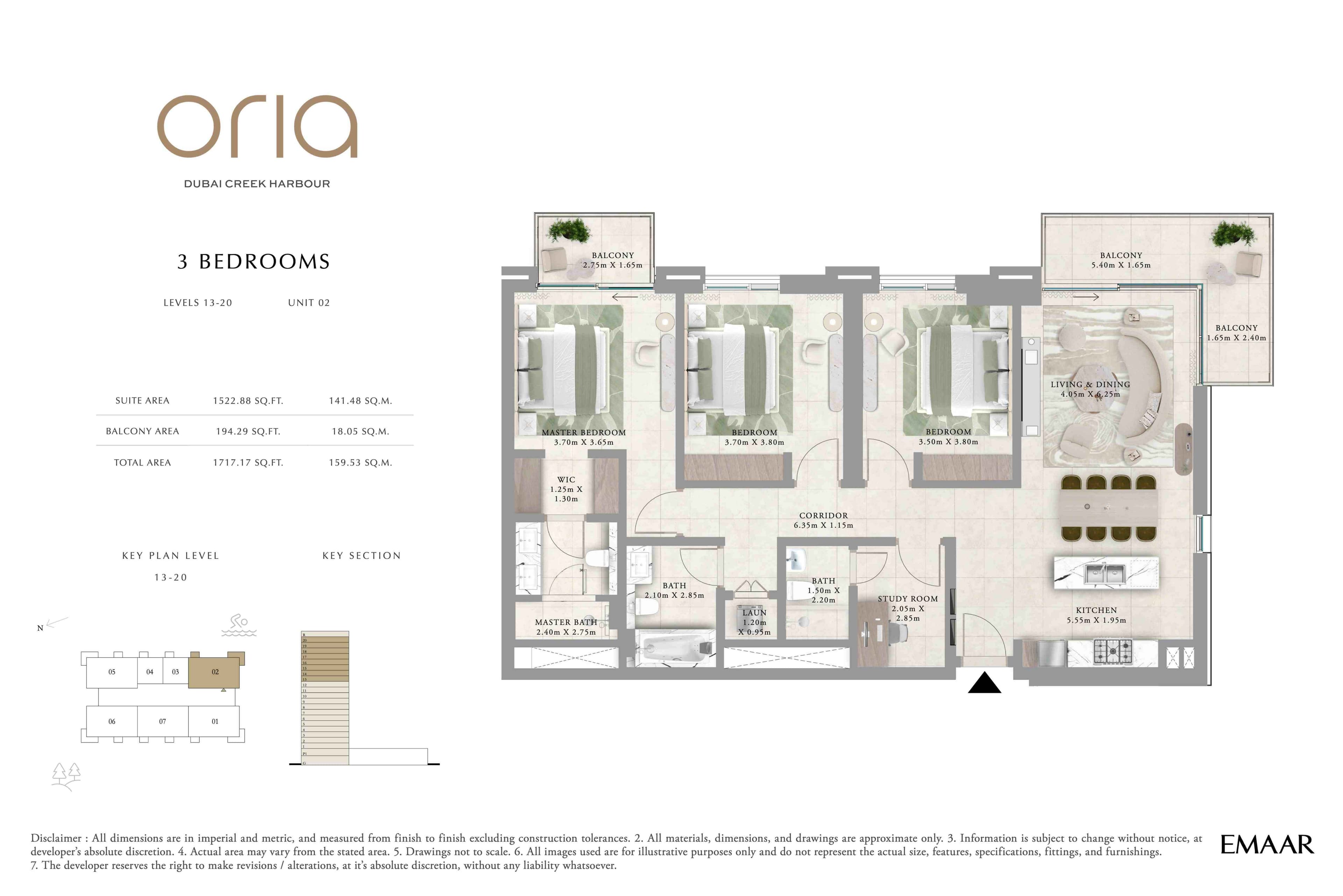 Oria, 3-Bed Floor Plan, type: 3BR - Lvl 13-20 - Unit 2