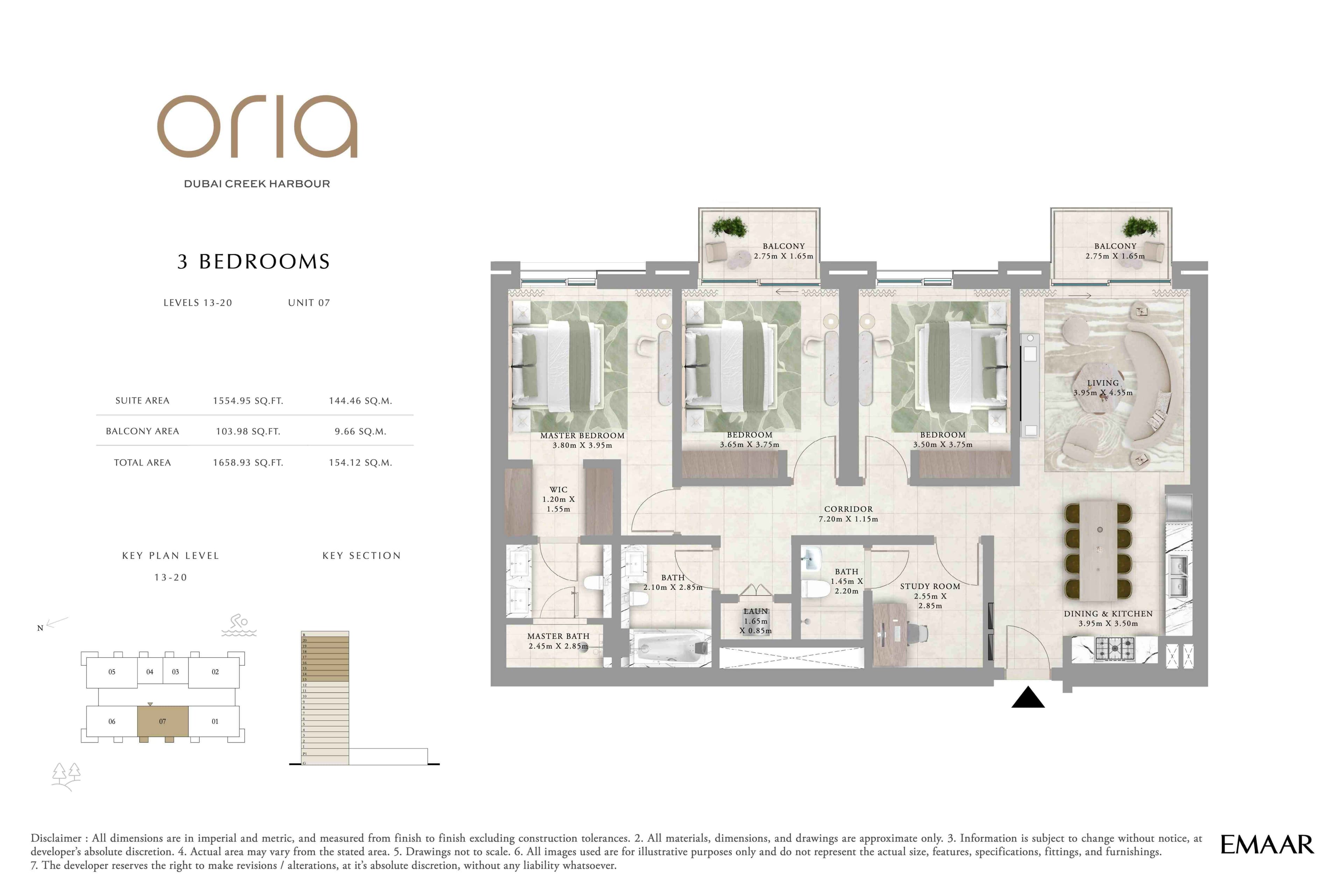 Oria, 3-Bed Floor Plan, type: 3BR - Lvl 13-20 - Unit 7