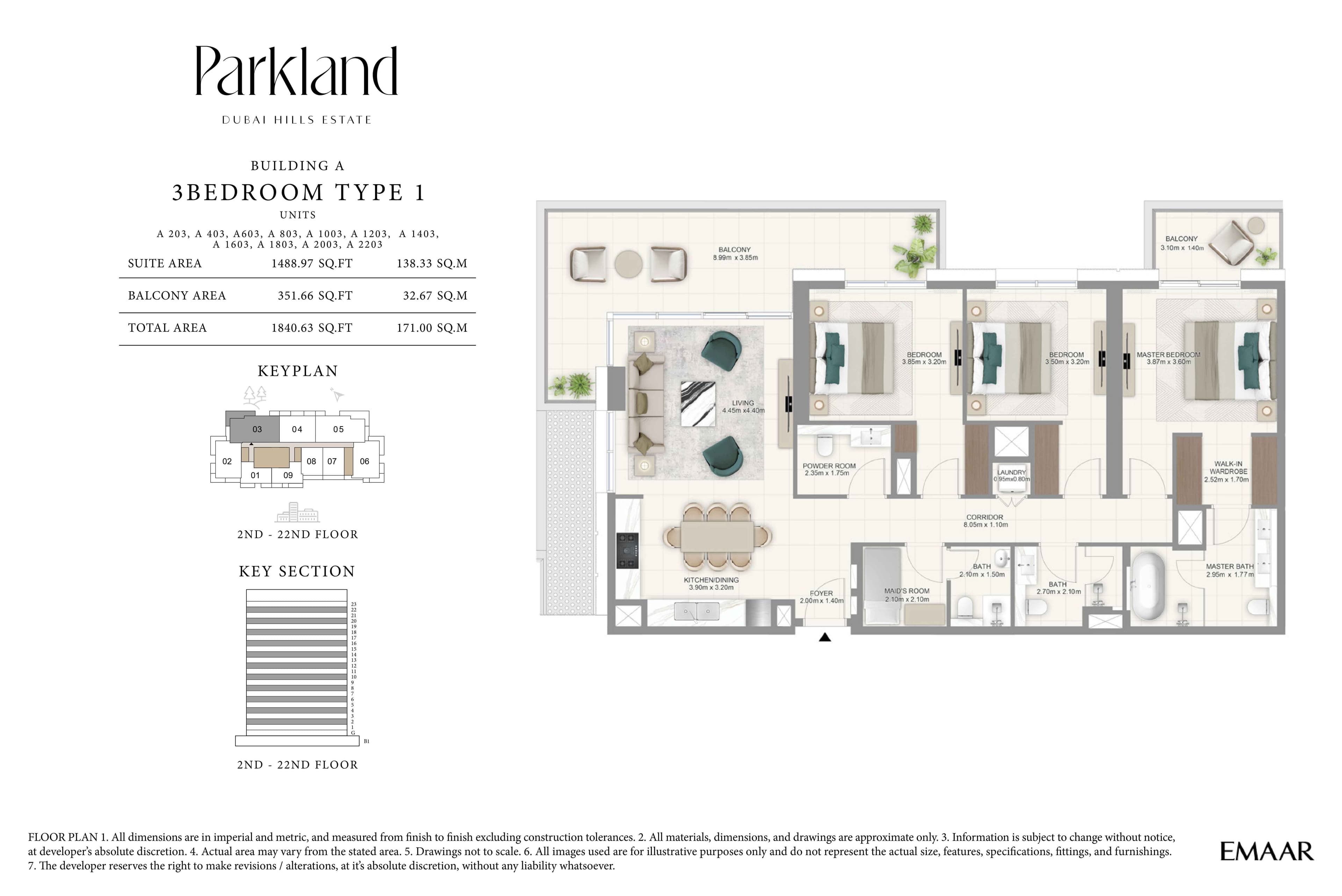 Parkland, 3-Bed Floor Plan, type: Bldg A - 3BR - Type 1 - 2nd-22nd Floor