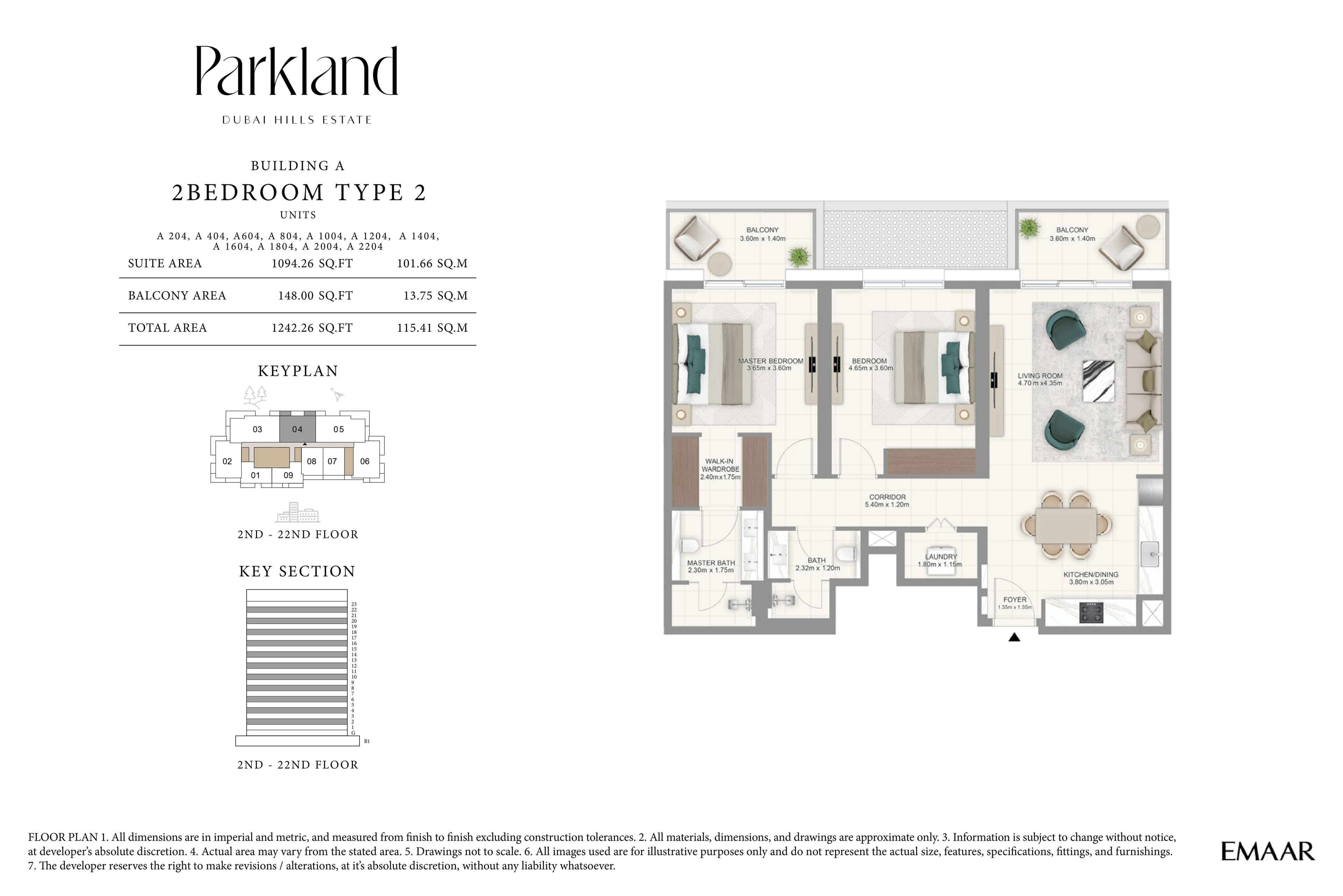 Parkland, 2-Bed Floor Plan, type: Bldg A - 2BR - Type 2 - 2nd-22nd Floor