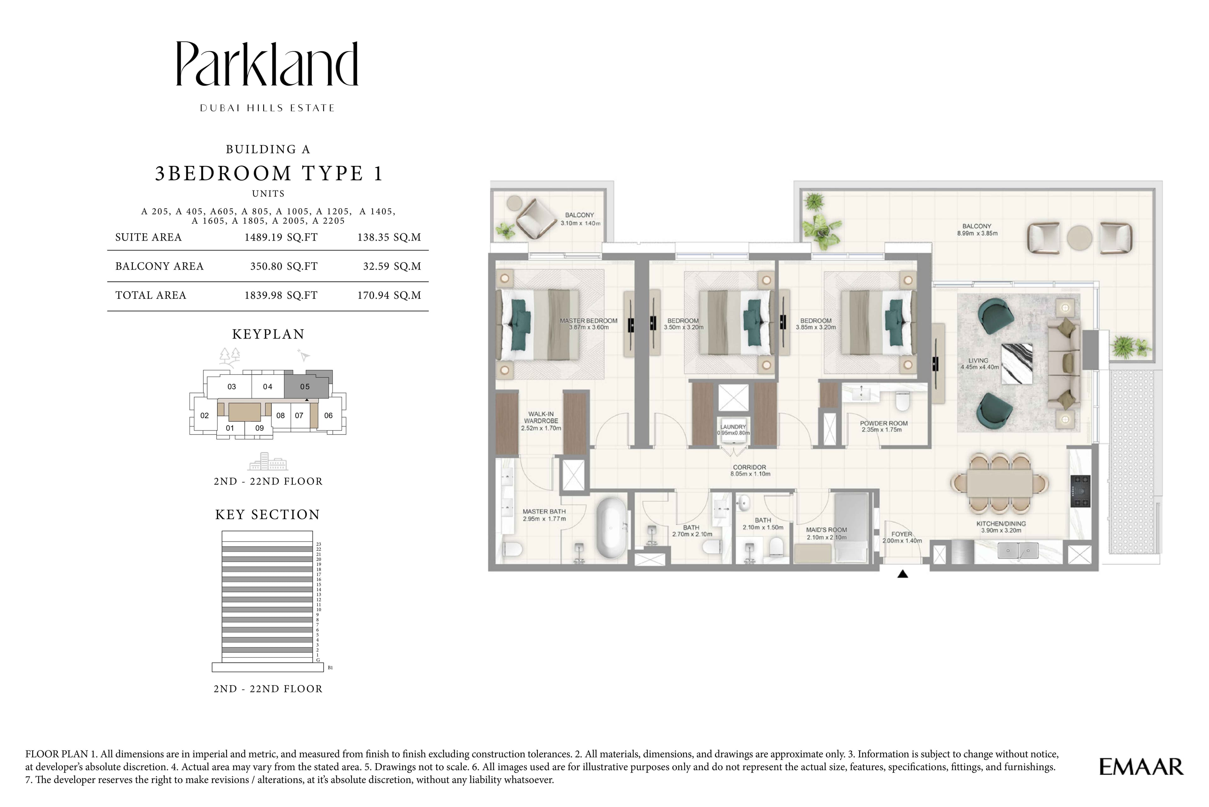 Parkland, 3-Bed Floor Plan, type: Bldg A - 3BR - Type 1 - 2nd-22nd Floor