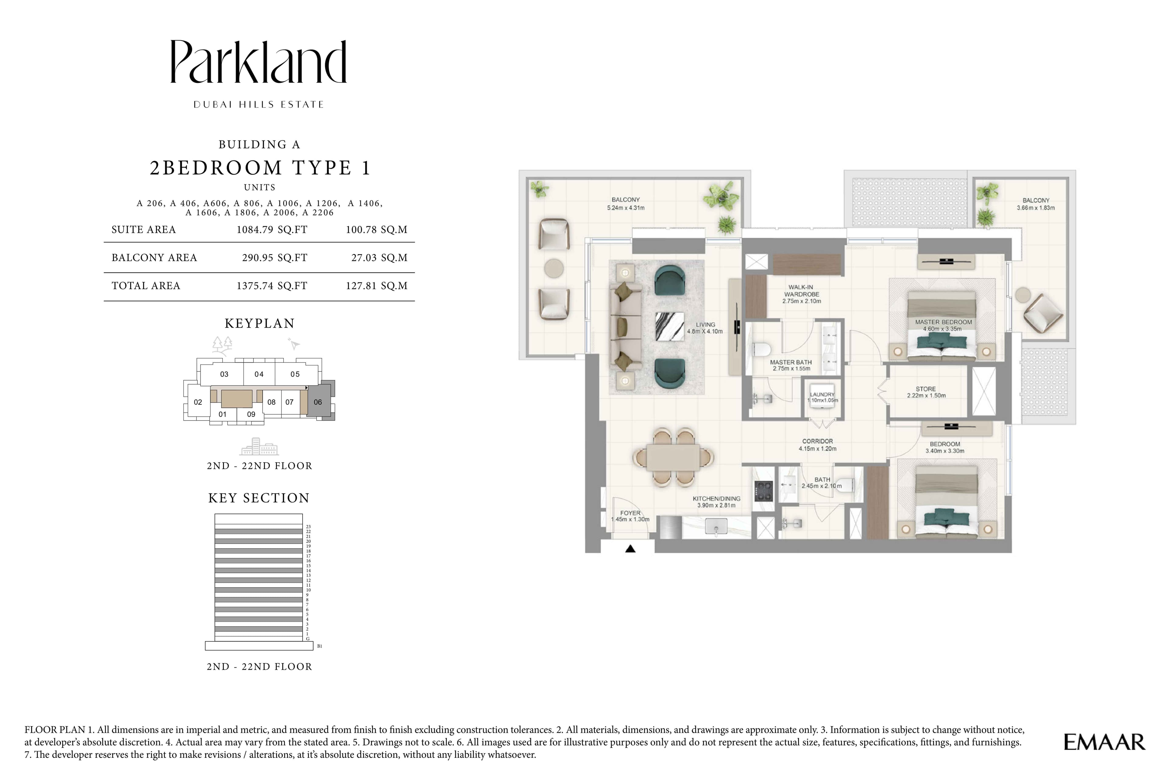 Parkland, 2-Bed Floor Plan, type: Bldg A - 2BR - Type 1 - 2nd-22nd Floor