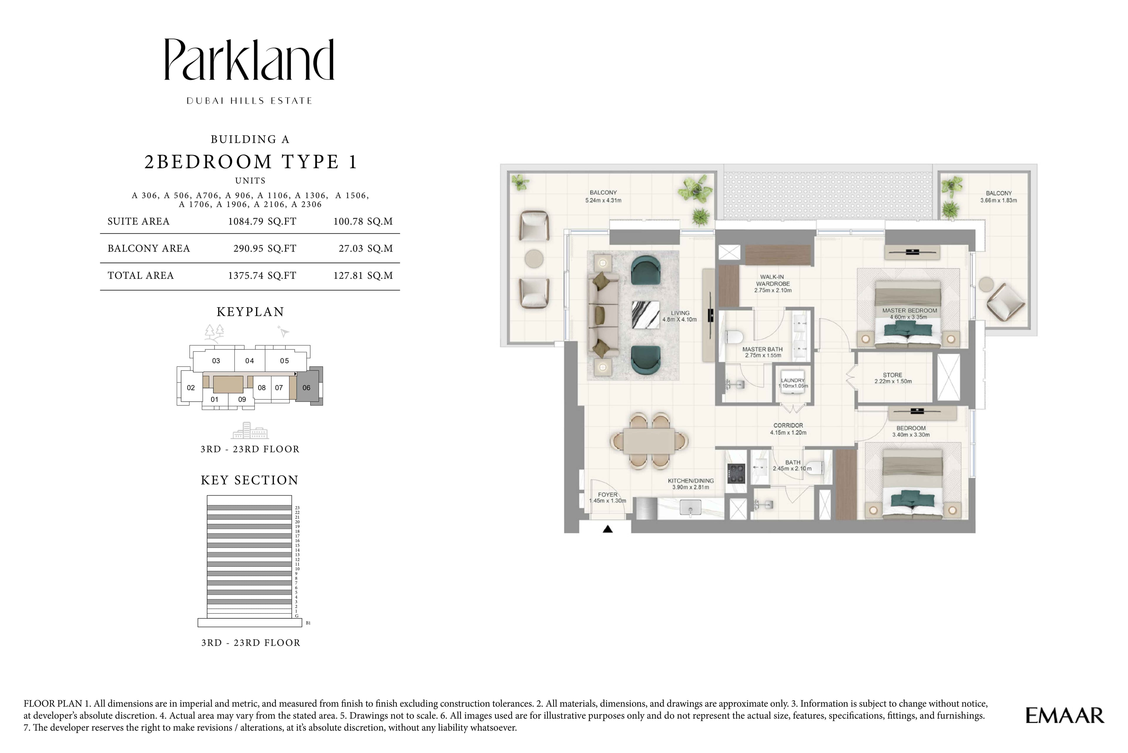 Parkland, 2-Bed Floor Plan, type: Bldg A - 2BR - Type 1 - 3rd-23rd Floor