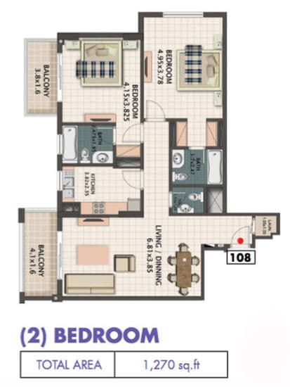 Mazaya 5, 2-Bed Floor Plan, type: R064 type 08