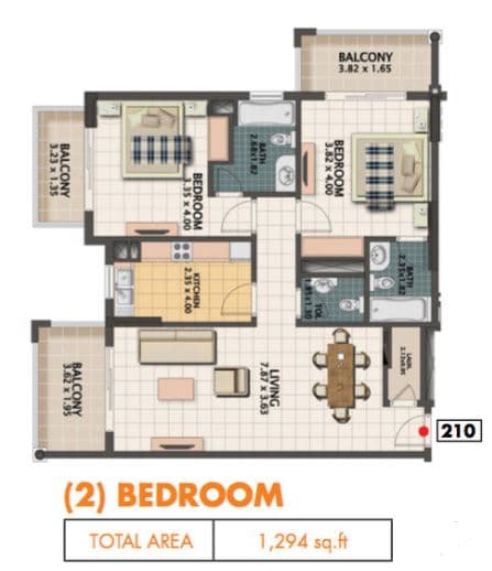 Mazaya 5, 2-Bed Floor Plan, type: R054 type 010