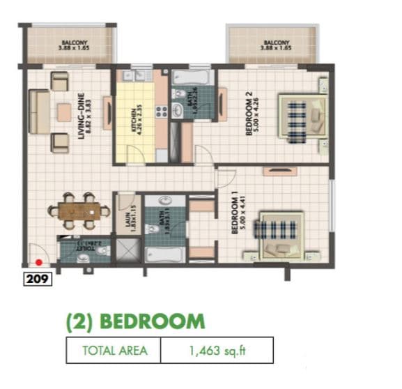 Mazaya 5, 2-Bed Floor Plan, type: R085 type 09