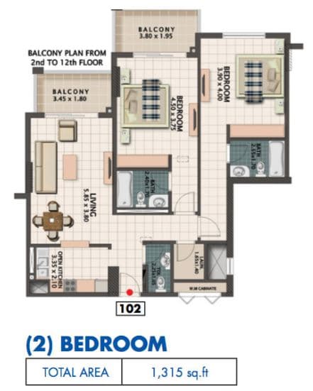 Mazaya 5, 2-Bed Floor Plan, type: R010 type 02
