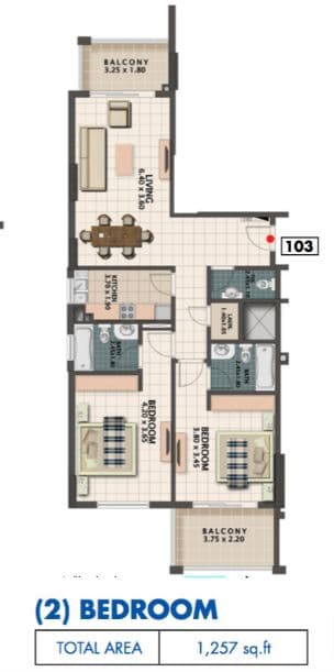 Mazaya 5, 2-Bed Floor Plan, type: R010 type 03