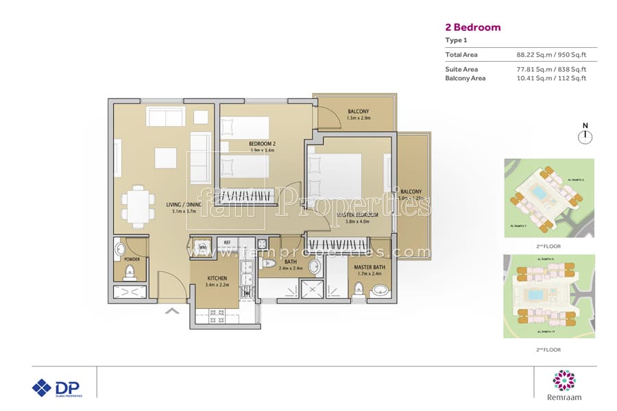 Remraam Phase 2, 2-Bed Floor Plan, type: 2 Bedroom