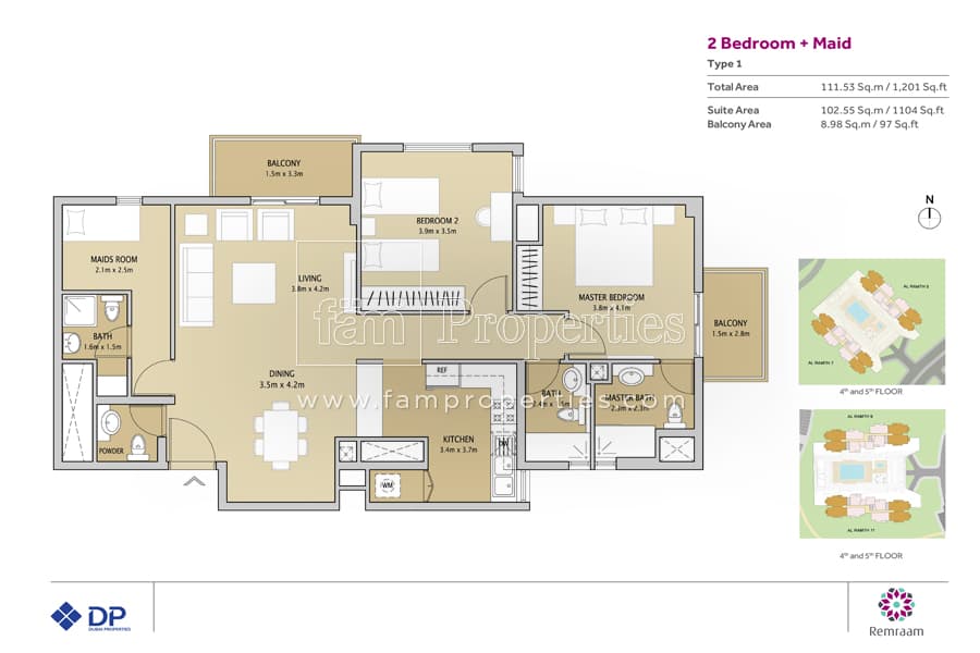 Remraam Phase 2, 2-Bed Floor Plan, type: 2 Bedroom + Maid