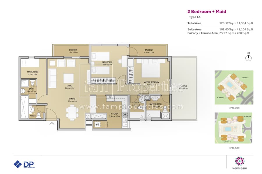 Remraam Phase 2, 2-Bed Floor Plan, type: 2 Bedroom + Maid