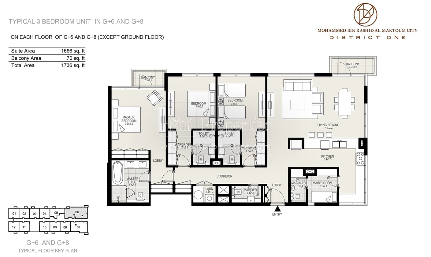 The Residences 1 at District One, 3-Bed Floor Plan, type: 3 Bedroom Unit in G+6 & G+8