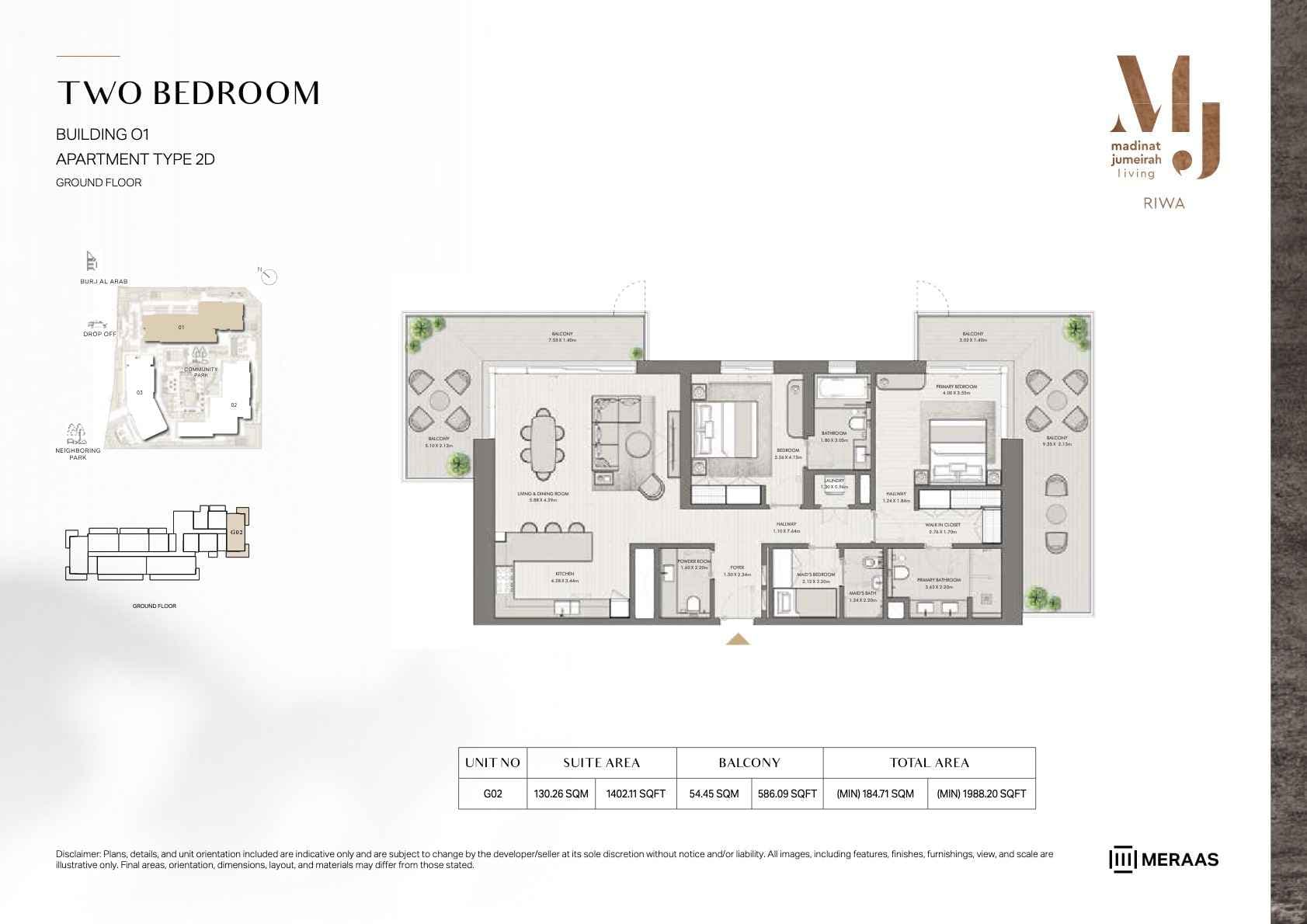 Riwa, 2-Bed Floor Plan, type: 2BR - TYPE 2D - BLDG 1 - Unit G02