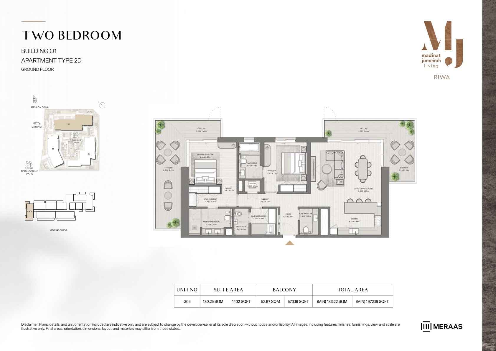 Riwa, 2-Bed Floor Plan, type: 2BR - TYPE 2D - BLDG 1 - Unit G06
