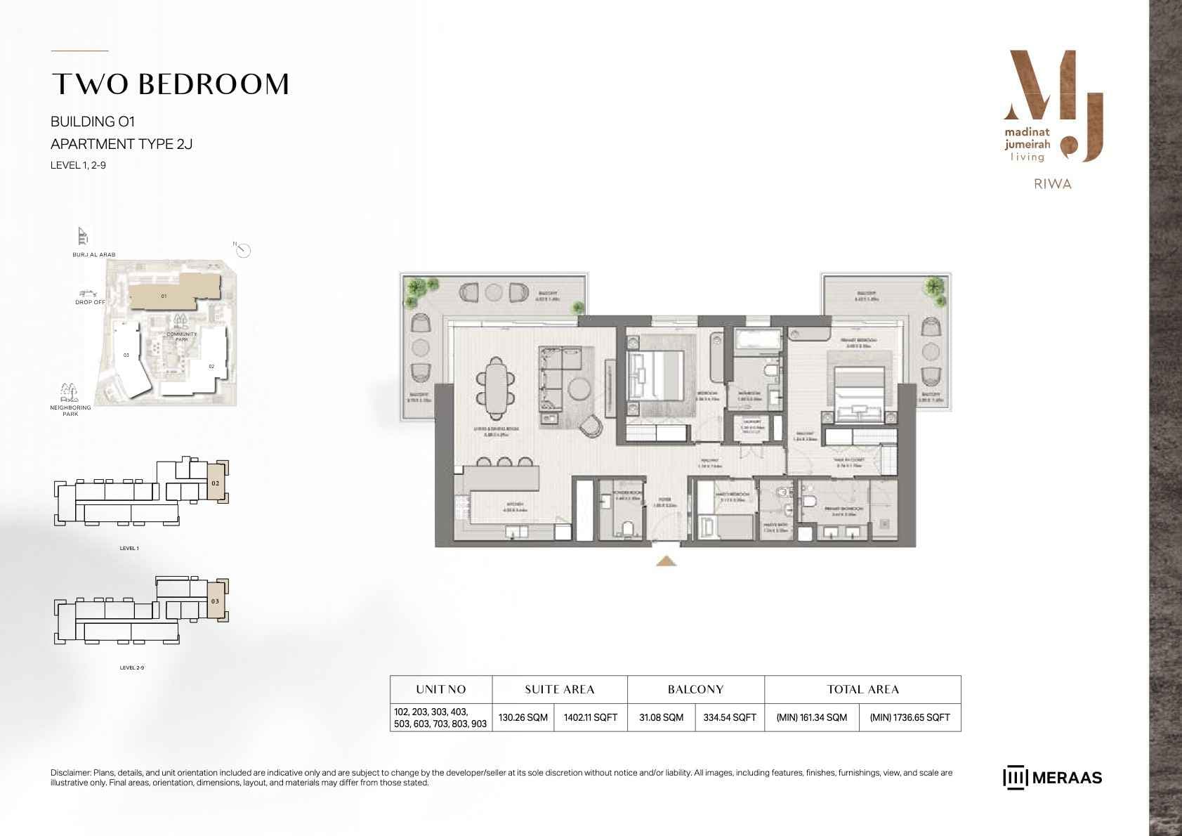 Riwa, 2-Bed Floor Plan, type: 2BR - TYPE 2J - BLDG 1 - Unit 102, 203-903
