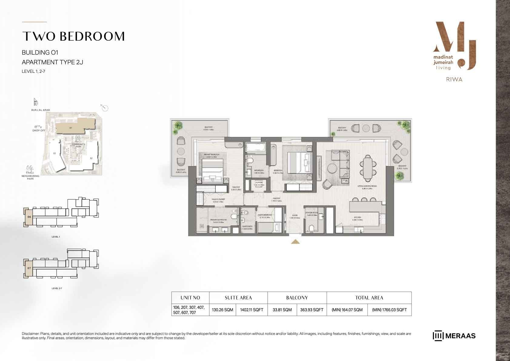 Riwa, 2-Bed Floor Plan, type: 2BR - TYPE 2J - BLDG 1 - Unit 207-707, 106