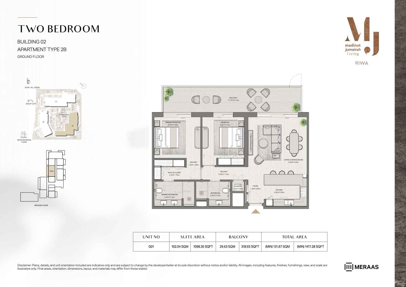 Riwa, 2-Bed Floor Plan, type: 2BR - TYPE 2B - BLDG 2 - Unit G01