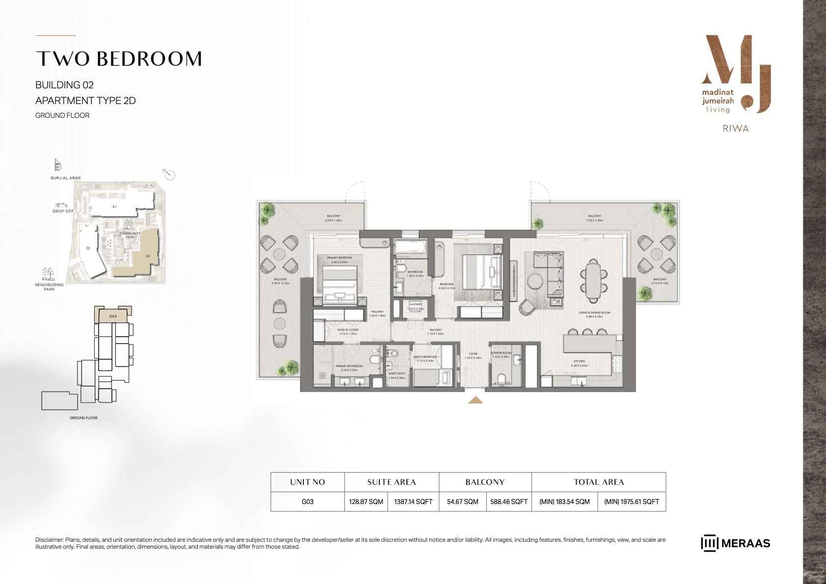 Riwa, 2-Bed Floor Plan, type: 2BR - TYPE 2D - BLDG 2 - Unit G03