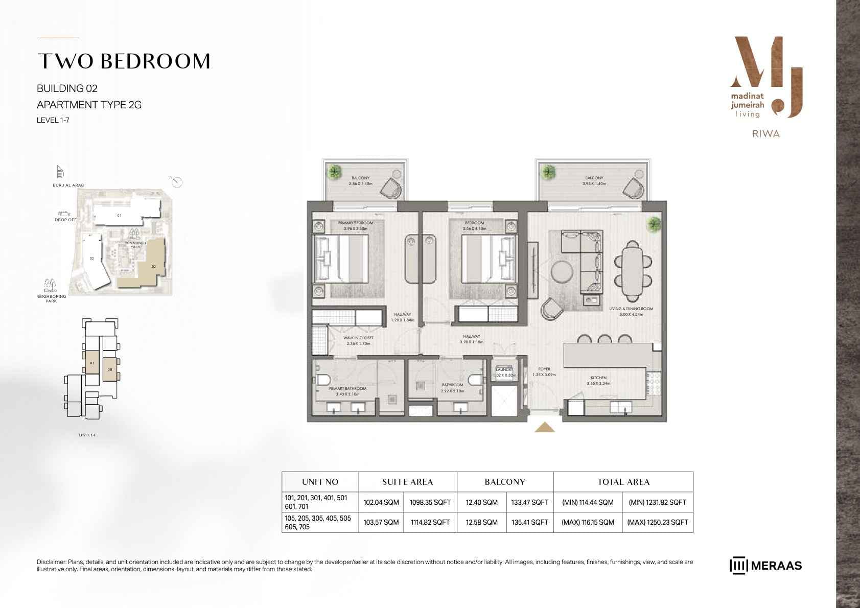 Riwa, 2-Bed Floor Plan, type: 2BR - TYPE 2G - BLDG 2 - Unit 101-701, 105-705