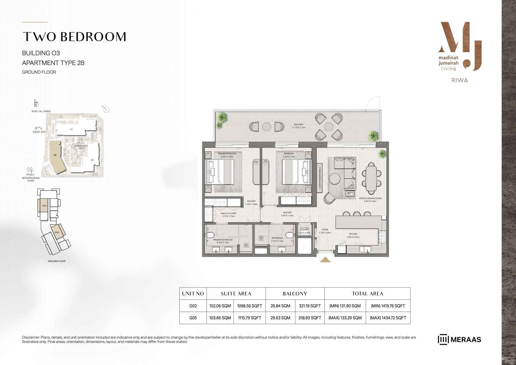 Riwa, 2-Bed Floor Plan, type: 2BR - TYPE 2B - BLDG 3 - Unit G02, G05
