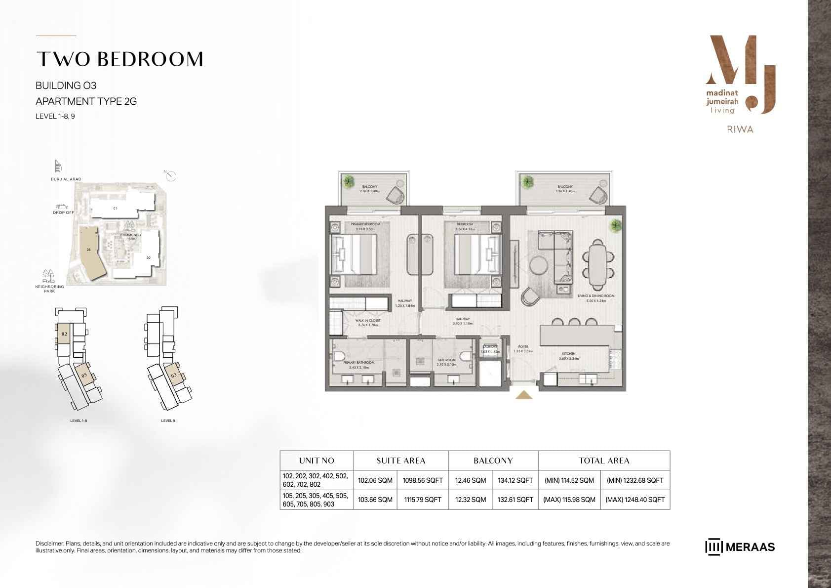 Riwa, 2-Bed Floor Plan, type: 2BR - TYPE 2G - BLDG 3 - Unit 102-802, 105-805, 903