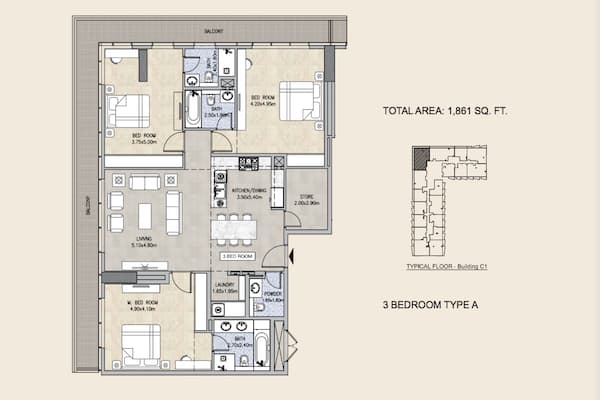 Royal Pearls, 3-Bed Floor Plan, type: 3 BEDROOM TYPE A