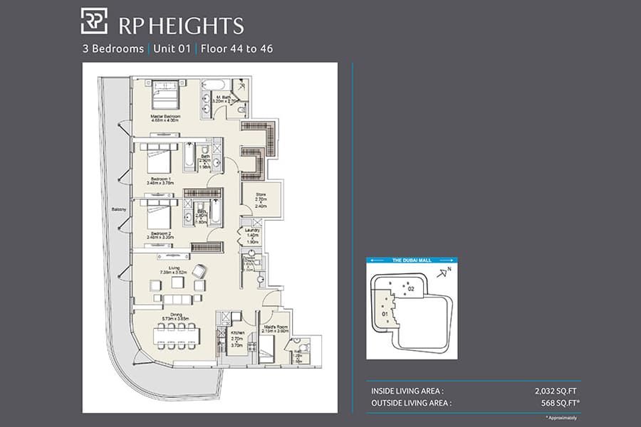 RP Heights, 3-Bed Floor Plan, type: Unit 01_44th-46th floor