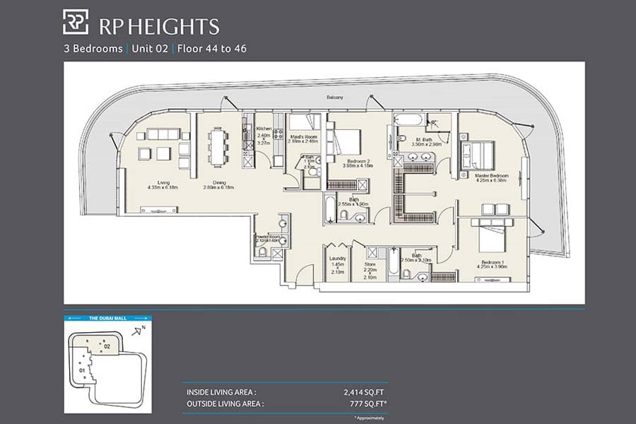 RP Heights, 3-Bed Floor Plan, type: Unit 02_44th-46th floor