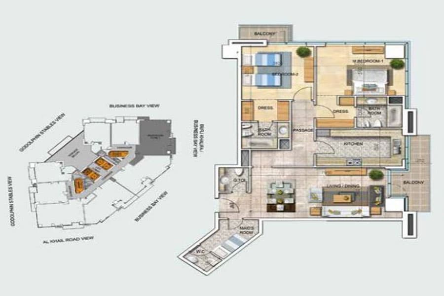 Safeer Tower 1, 2-Bed Floor Plan, type: 2 BD Type 1