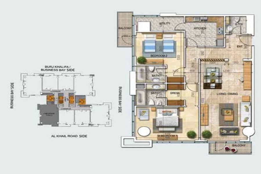 Safeer Tower 2, 2-Bed Floor Plan, type: 2 b BD Type 1