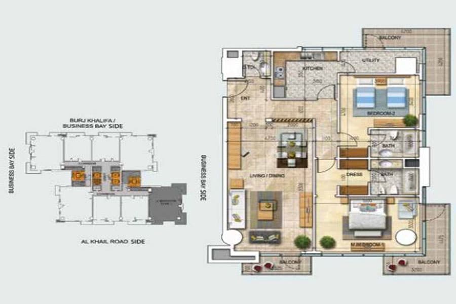 Safeer Tower 2, 2-Bed Floor Plan, type: 2 BD Type 2