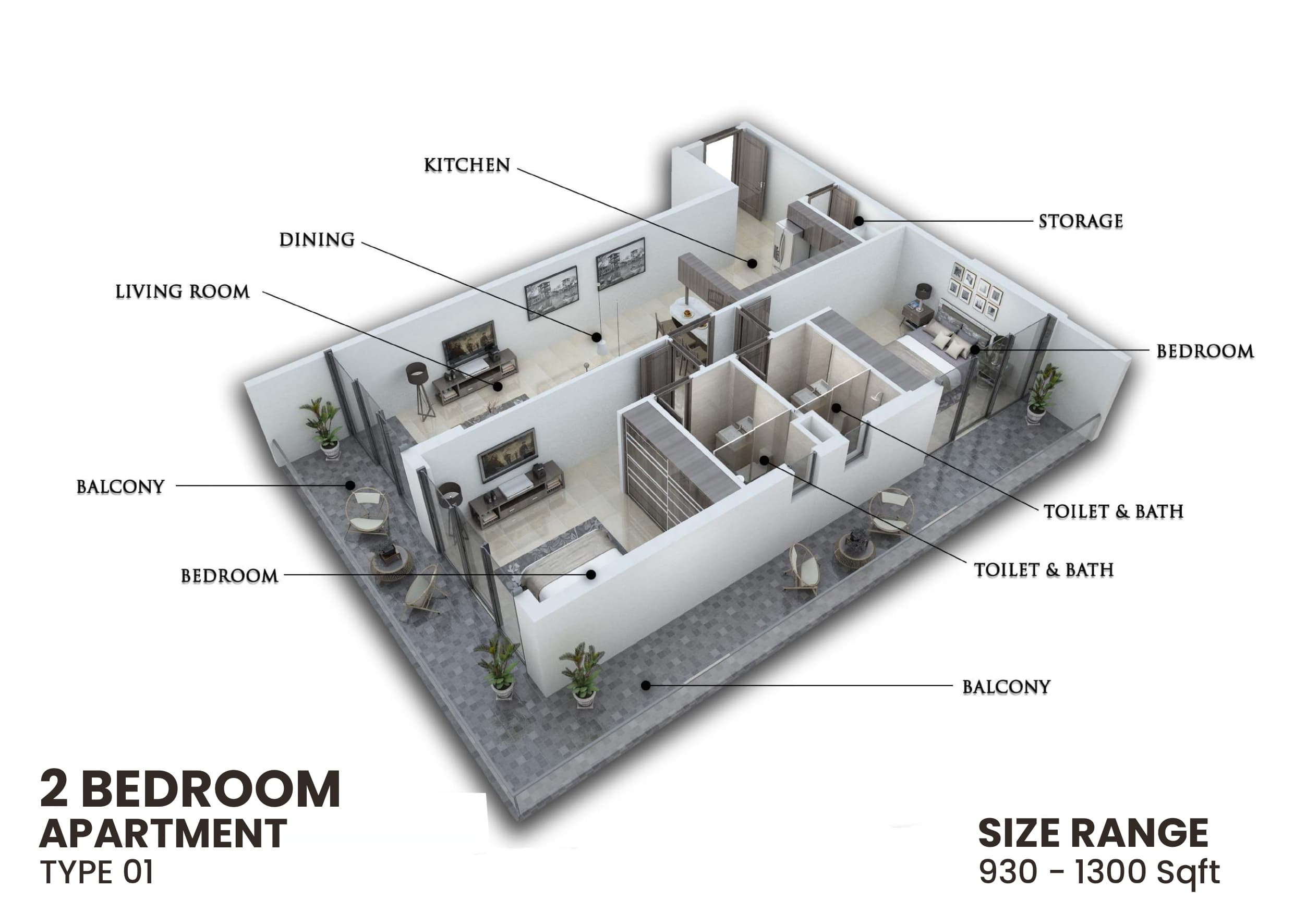 Samana Greens, 2-Bed Floor Plan, type: 2 Bedroom