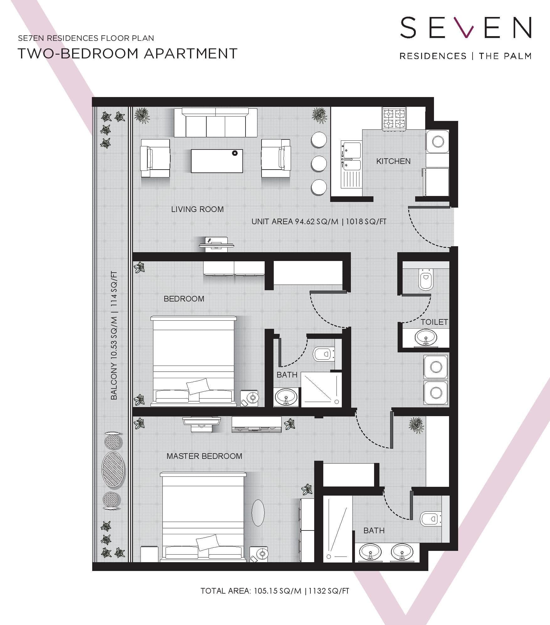 Seven Hotel & Apartments The Palm, 2-Bed Floor Plan, type: 2 Bedroom