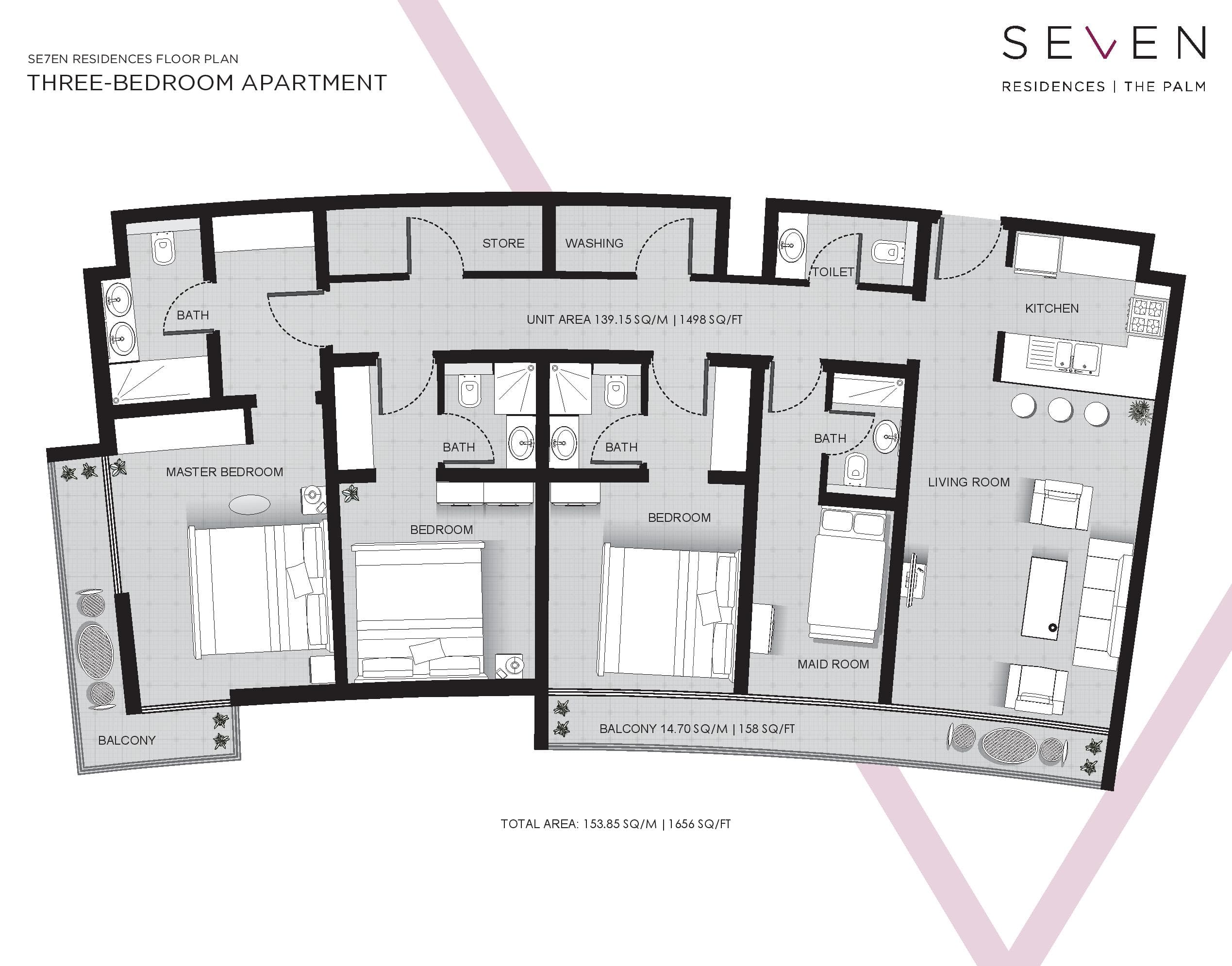 Seven Hotel & Apartments The Palm, 3-Bed Floor Plan, type: 3 Bedroom