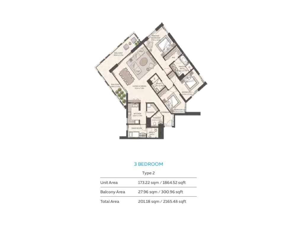 Sky Residences Tower 1, 3-Bed Floor Plan, type: 3 BR - Type 2