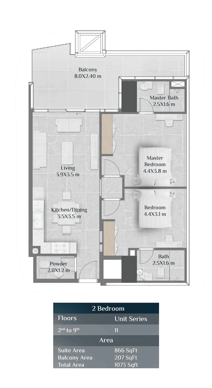 Skyhills Residence 1, 2-Bed Floor Plan, type: 2 BD - Unit 11