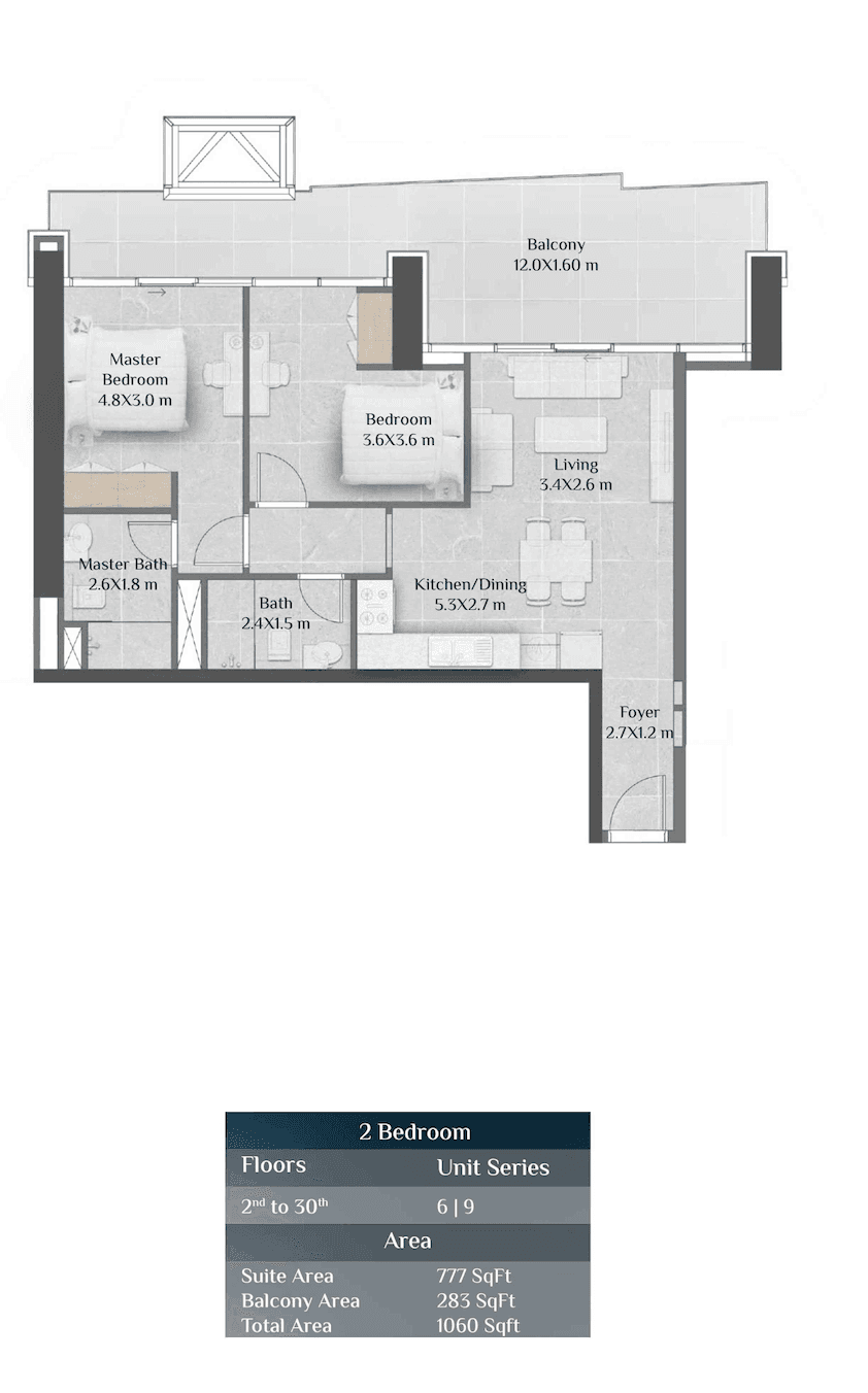 Skyhills Residence 1, 2-Bed Floor Plan, type: 2 BD - Unit 6, 9
