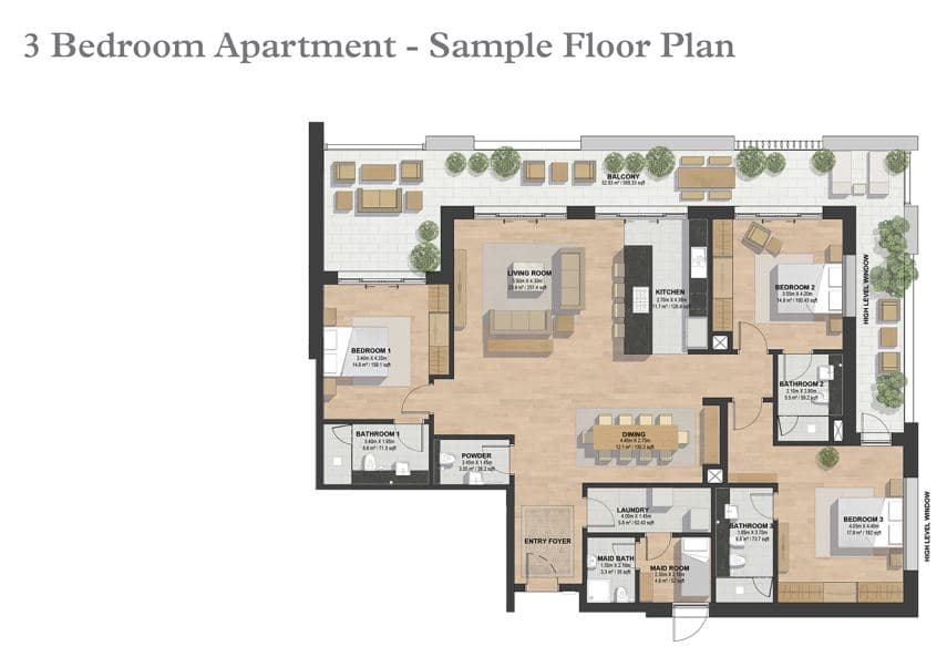 Sobha Hartland Greens (not in use), 3-Bed Floor Plan, type: 3BR Apartment