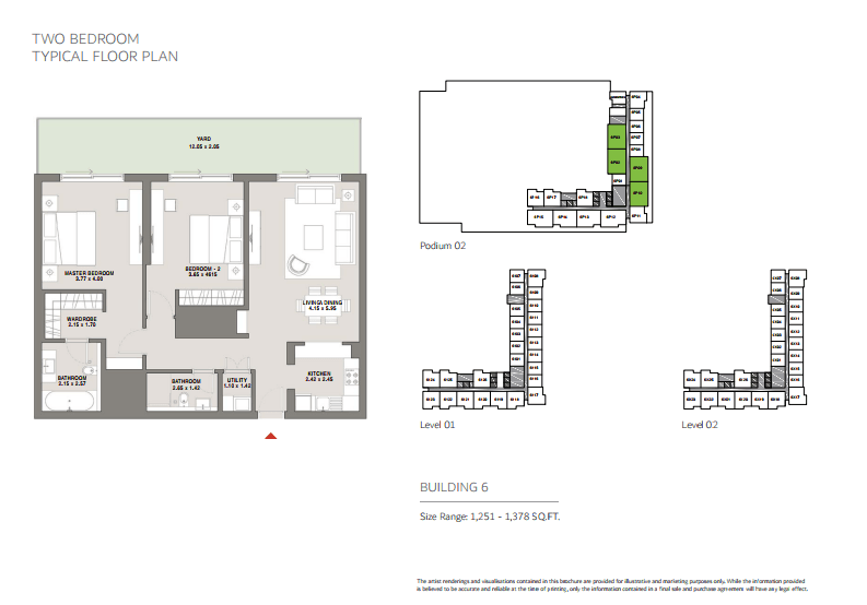 Sobha Hartland Greens Phase III Building 1, 2-Bed Floor Plan, type: 2 Bedroom