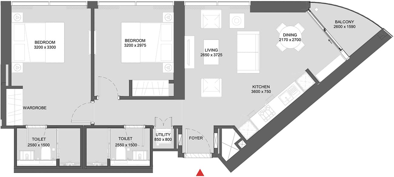 Sobha Hartland Waves, 2-Bed Floor Plan, type: 2 Bedroom