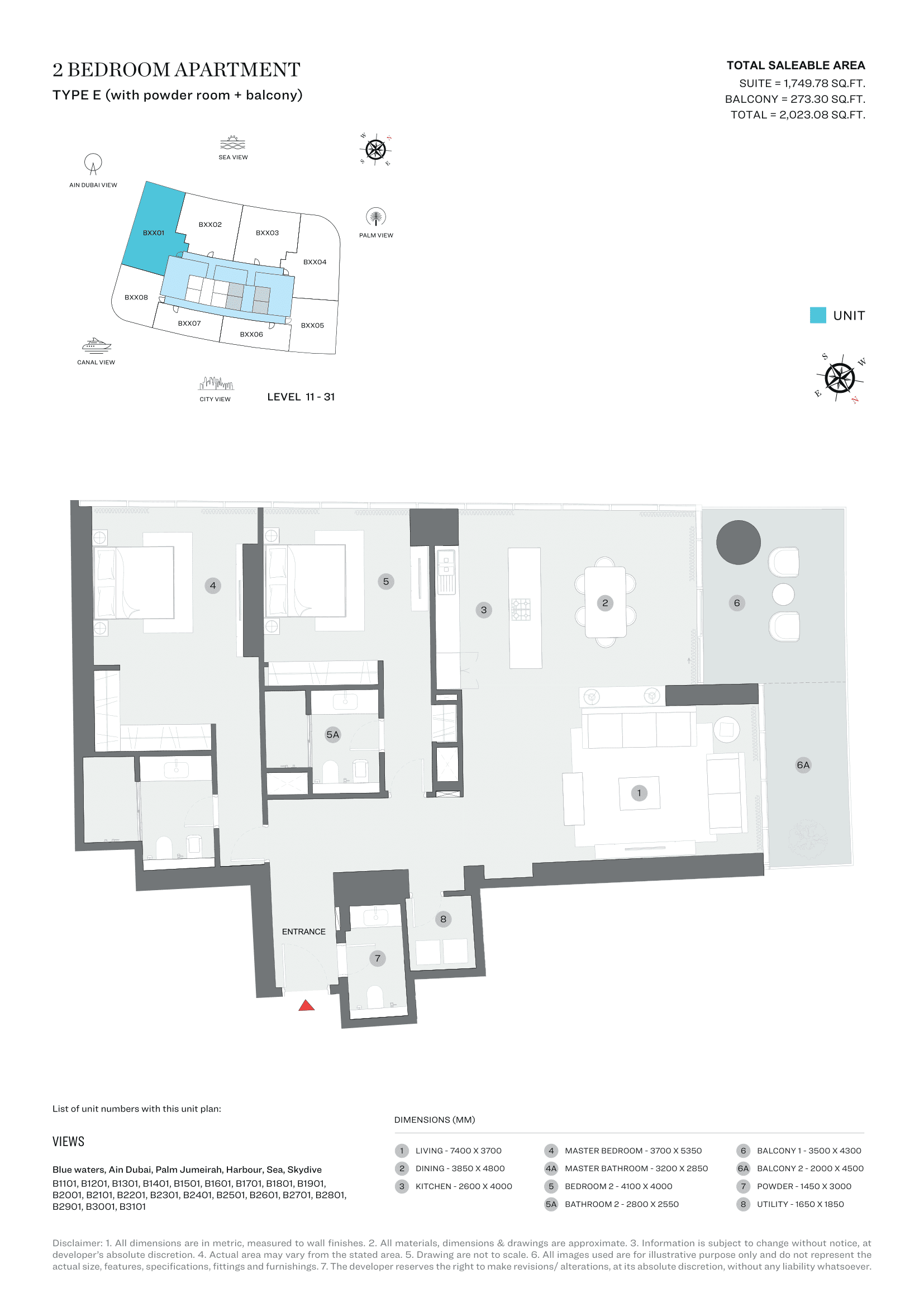 Sobha Seahaven Tower B, 2-Bed Floor Plan, type: