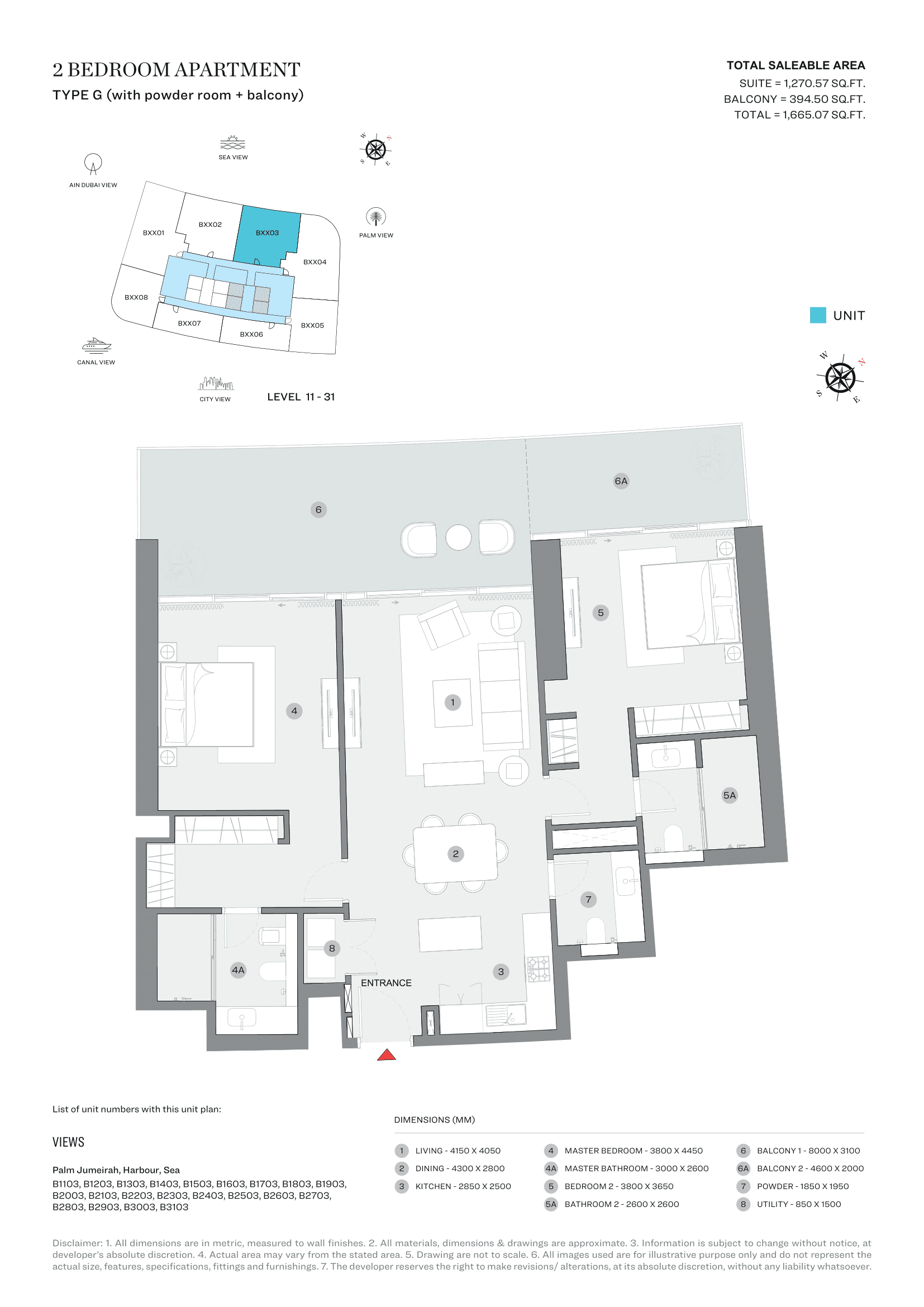 Sobha Seahaven Tower B, 2-Bed Floor Plan, type: