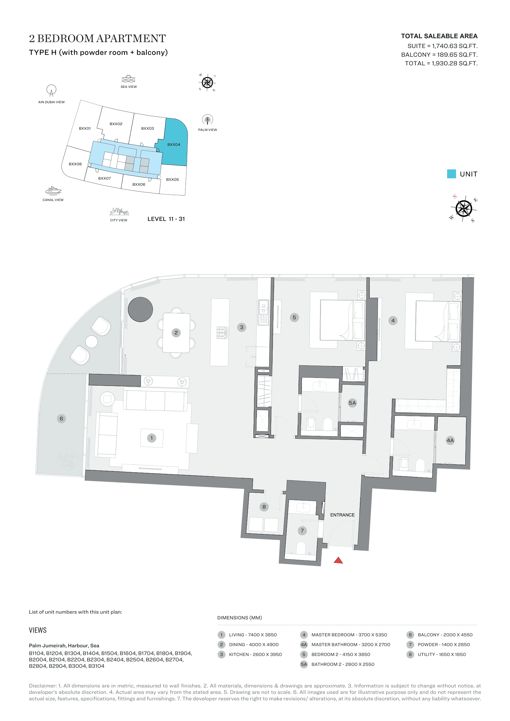 Sobha Seahaven Tower B, 2-Bed Floor Plan, type: